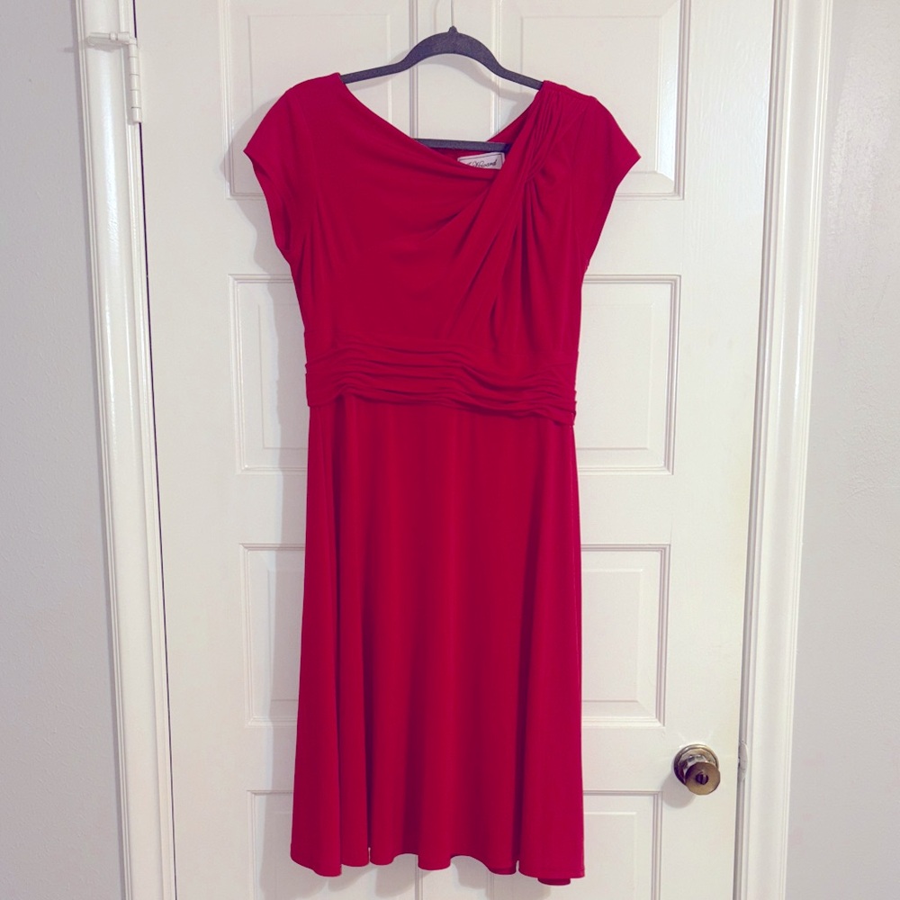 J Howard Scarlet Midi Dress with Ruched Bodice and Waist Details